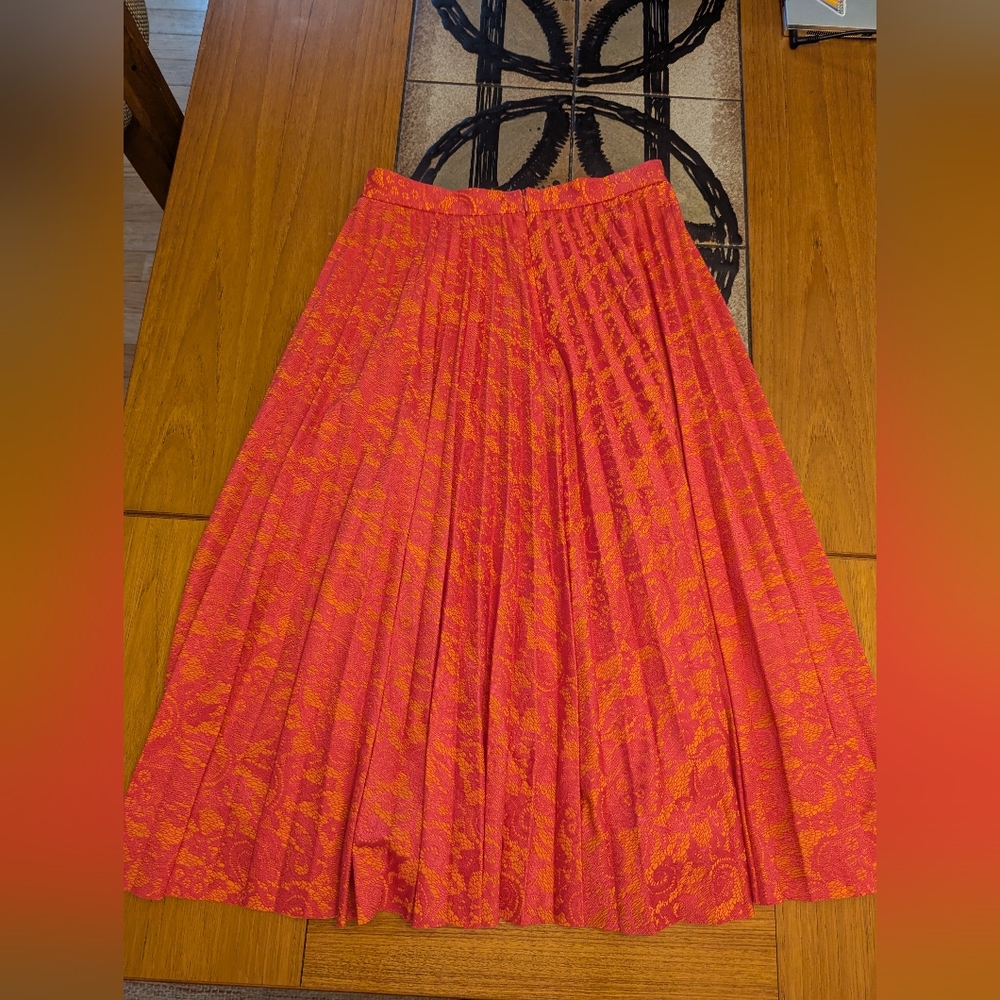 Anthropologie Maeve Pleated Skirt Bright Orange Hot Pink Floral Pleated A-line - Picture 4 of 8